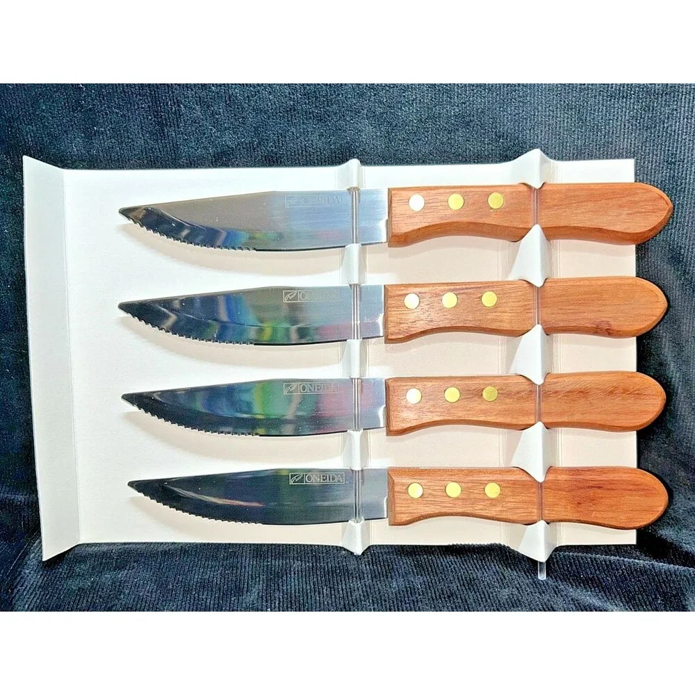 4  NIB Oneida Jumbo Steak Knives Wood Handles Stainless Serrated Blades